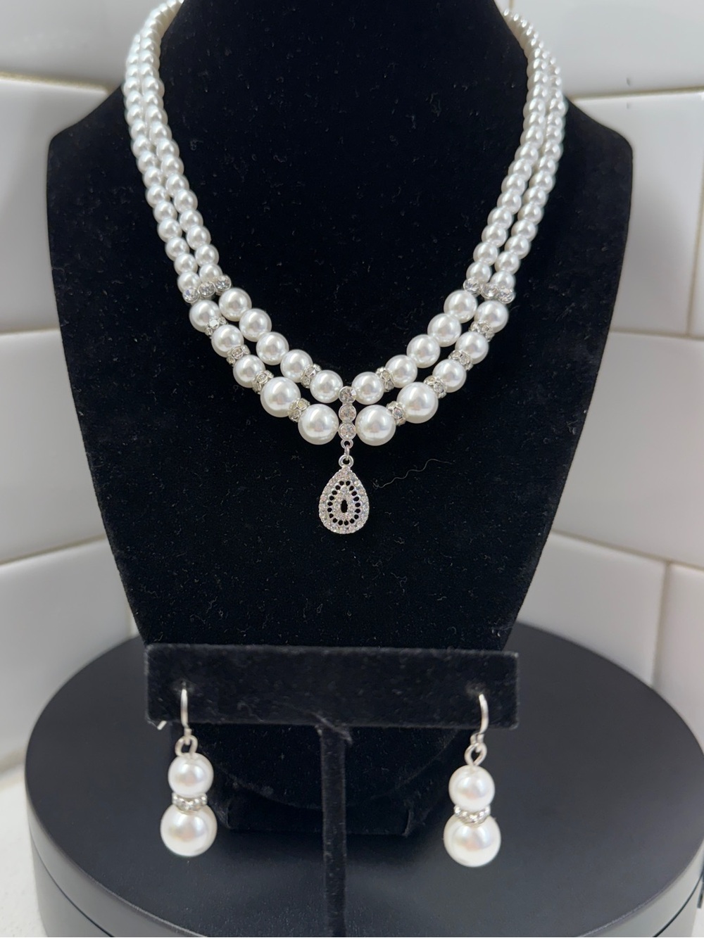 Classic White Pearl Two-Strand Necklace & Drop Earrings Set